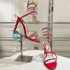 Rene Caovilla Margot Sarı Pembe Sandal Gökkuşağı Kristalleri 95mm Kadın Ayak Bileği Sargısı Kadın Yüksek Topuklu Sandal Yılan Strass Çiçek Tasarımcı Parti Elbise Ayakkabı