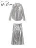 Костюмы BlingBlingee Y2K Серебристая блестящая металлическая женская блузка Макси-юбка Костюмы Traf 2024 Весенняя рубашка с v-образным вырезом и длинными рукавами Женские верхние комплекты