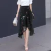 ドレスルシエバーピンクプリントフローラルシフォンスカート女性2022夏の非対称ラフラーハイウエストスカート韓国のスリムフィットロングスカート