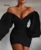 Klänning 2021 Autumn Winter Women White Black Satin Corset Dress Puff Sleeve Sexig stropplös Bodycon Elegant Party Mini Dresses