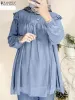 Toppar Zanzea Women Fashion Autumn Vintage Shirt Elegant Solid Dubai Turkiet Abaya Tops Party Blusa Lång ärm Ruffles Muslim Blue