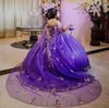 Lawendowy fioletowy na ramionach suknia balowa sukienki Quinceanera Frezowanie 3D Kwiaty aplikacyjne koronkowe tull corset vestidos de 15 anos