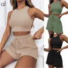 AL-087 Women Sleeveless Waffle Suit Solid Color Vest Fashion Casual Sport Tank Shorts Yoga Set Fitness Suit