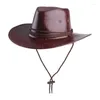 Berets Retro Mode Große Krempe Basin Hut Western Cowboy Leder Unisex Hüte Hipster Für Sonnenschutz Bre