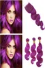 Body Wave Purple Colored 4x4 Lace Closure Piece with 3Bundles Cheap Malaysian Purple Human Hair Weave Weft Extensions with Closure6601855