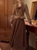 Werkjurken Winter Vintage Elegante 2-delige set Dames Boog Patchwork Chic Designer Midi Rok Pak Dames Koreaans Mode Effen Casual 2024