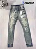 Jeans masculinos designer roxo jeans homens mulheres angustiadas preto rasgado motociclista slim fit denim para calças de moda masculina 240305