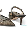 Fashion Luxury Womens Sandals Pumps London65 mm Italy Pointed Toes Slingback Crystal Ankle Strap Embellished Gold Black Grid Designer High Heels Sandal EU 35-4
