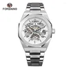 Relógios de pulso Forsining Automático Mecânico Homens Relógio de Pulso Militar Exército Esporte Masculino Relógio Top Silver Skeleton Man Watch 8198