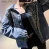 女性用ジャケットジャケットジャンファッションスリーブリベットデニム秋の春の黒いクールなアウトウェア240305