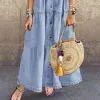 Robe rétro en Denim pour femmes, manches courtes, col rabattu, poches, boutons, longue, ample, nouvelle collection été 2023