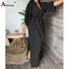 Dress 2023 Women Laceup Boho Solid White Perspective Dresses Autumn Long Maxi Dress Plus size 3xl Ladies Vintage Stand Pockets Dress