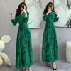 Abiti casual 2024 Primavera Bohemian Holiday Maxi Dress Elegante donna Colletto con fiocco Stampa floreale Chiffon verde Manica lunga Vacanza Abito lungo