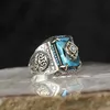 Bandringe Vintage türkischer Siegelring für Männer Frauen Antik Silber Farbe geschnitzter Ring eingelegter grüner Zirkon Lokomotive Punk Ring L240305