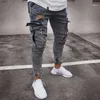 Multi Pocket Men rippade magra jeans förstörde fläckade smala fit denim byxa casual hål blixtlås nostalgiska blå byxor