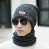 Baretten 1 Set Mannen Warm Skullies Beanie Zachte Sjaal Tweedelige Winter Dikker Hoed Mannelijke Winddicht Breien Caps halswarmer