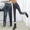 Frauen Jeans ZOENOVA Dicke Samt Frauen Hohe Taille Dünne 2024 Winter Warme Fleece Slim Stretch Damen Casual Denim Bleistift Hosen