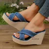 Cross Strap High Wedge Slippers Women Summer 2023 Blue Denim Chunky Platform Sandals Woman Non Slip Thick Sole Slides Flip Flops