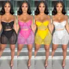 Costumes ANJAMANOR Sexy deux pièces ensemble femmes jupe Clubwear noir maille transparente moulante Mini robe ensembles Rave porter des articles en gros D42DB17