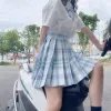 kjol japansk student jk enhetlig vit skjorta blå fluga slips mild veckad kjol pläd kjol tartan kilt kostym för flicka kvinna maid lady