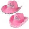 Sombreros de ala tacaña Vaquera rosa para mujer Chica de vaca con cuello de tiara Cuerda de fieltro Accesorios de disfraz de vaquero Sombrero de fiesta Vestido de juego 293O