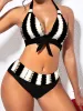 Set Sexy Halter Bikinis Women Knot Front Striped Printed Swimsuit Triangle Swimwear Female Padded Bathing Suit High Waist Beachwear