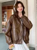 Damen Leder LANMREM Vintage Braune Jacken für Frauen Reverstaschen Reißverschluss Kurzmantel Streetwear 2024 Frühlingskleidung 25117