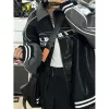 Jackor Bomber Woman Leather Varsity Jacket American Vintage Motorcykel läderjacka Par broderad färgblockrock Spring Autumn