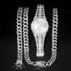 Strands lodowe męskie naszyjnik +zegarek +bransoletka Miami Curb Cuban Link Biegle Paved Rhinestones Hip Hop Biżuteria 230613