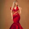 2024 Vinho Africano Vermelho Vestidos de Baile Plus Size Vestidos de Noite Ilusão Sereia Mulheres Vestidos Elegantes para Ocasiões Especiais Veludo Segunda Recepção Vestidos NL600