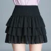 skirt elastic waist tiered swing floral chiffon black white pleated skirts womens kawaii japanese school girl mini skirt skorts C458