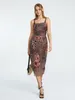 Casual Dresses Women Sling Dress Spaghetti Straps Pleated Flower Print Tulle Patchwork Summer Long For Cocktail Party