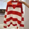 M4xl Vneck Striped Stitching Pullover Sweater Women Korean Fashion Loose Long Sleeve Knitted Casual Clothing 240304