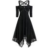 Dress Gothic Dress Women Black Goth Dress Off Shoulder Dress Lace Patchwork Punk Rock Cross Strap Plus Size Sexy Vintage Midi Dress