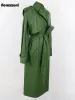 Jackets Nerazzurri Autumn Long Cool Green Pu Leather Trench Coat for Women Sashes Single Breasted Stylish Luxury Designer Clothes 2022
