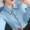 Kvinnor Bluses Spring Doll Neck Chiffon Shirt Pendlare Fashion Breatbar Candy Color Button Splicing mångsidig långärmad toppar