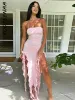 Sukienka Boofeenaa Ruffle Fringe podwójna wysoka rozłam długa sukienka Summer 2023 Seksowne eleganckie czarne sukienki na imprezę Kobiet wakacyjny strój C71BC24