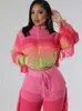 여성용 니트 패션 디자인 여성을위한 패션 디자인 탑 2024 가을 코트 핑크색 술 크롭 스트리트웨어 긴 슬리브 패치 워크 외부웨어 T 셔츠