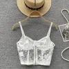 Camis Donna Sexy Corsetto velato in pizzo con spalline Senza maniche Camis Gancio Fiore Canotta bianca Ragazza Scollo a V Crop Top Cerniera posteriore Bustier