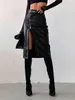 wsevypo Черные юбки-карандаши из искусственной кожи с высокой талией Винтажная женская уличная одежда в стиле гранж на молнии с высоким разрезом облегающая юбка-миди с поясом 240222