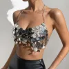 Camis Sexy See Through Metal Crop Crop Top Kobiety Summer Sparkling Tassel Top Top Beach Party Night Club Rave Stroje z czołgów