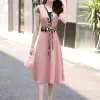 Dress Women Summer V Neck Print Patchwork Lace Up Tunic Midi Dress Korean Fashion Elegant Chic Short Sleeve Party Ladies Dresses Robe