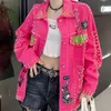 Women Graffiti Printed Rivets Denim Jacket Loose Holes Diamonds Jeans Coat Sequined Cowboy Ripped Streetwear Cardigan Ins Tops 240301