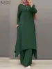 Sets Ramadan Outfit 2piece Set Turkey Dubai Abaya Suit ZANZEA Muslim Blouse Abayas For Women Long Sleeve Shirt Wide Leg Pants Baggy