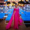 라인 Fuchsia Chiffon Prom Dress 2024 Open Long Sleeves 여성 유명인 드레스 어깨 공식 이브닝 파티 가운 Robe de Soiree