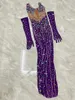 Stage Wear Sexy Transparent Mesh Colorful Rhinestone Pearl Purple Long Dress Model Singer Birthday Evening Party Performance Costume