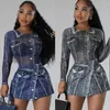 Robes de travail Imitation Denim 3D imprimé maille femmes deux pièces ensemble 2024 automne hiver à manches longues col rond body mini jupe streetwear