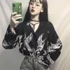 Рубашка QWEEK Harajuku Рубашка Женская Блузка с животным принтом на пуговицах с длинным рукавом Негабаритная уличная одежда в китайском стиле Черные топы Панк Хип-поп