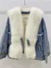 Fur OFTBUY 2023 New Winter Women Down Denim Jacket Real Fox Fur Coat High Quality Thick Soft Big Collar Short Warm Fashionable Parka