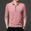 Camiseta masculina primavera e outono lapela manga longa com zíper camiseta simples casual cor sólida camisa de fundo polo para homem